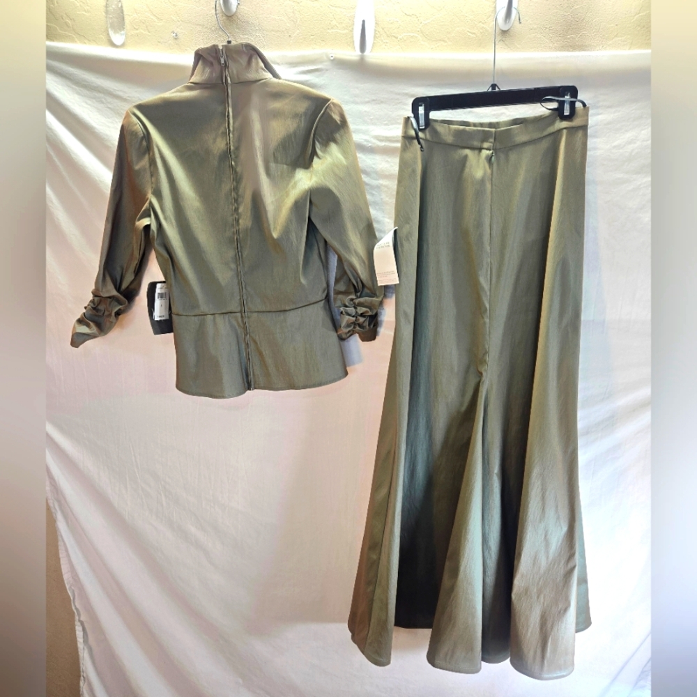 TADASHI SHOJI TAFFETA Women's 8 Green Stretch Maxi Brown Skirt Suit Set New - Picture 4 of 7